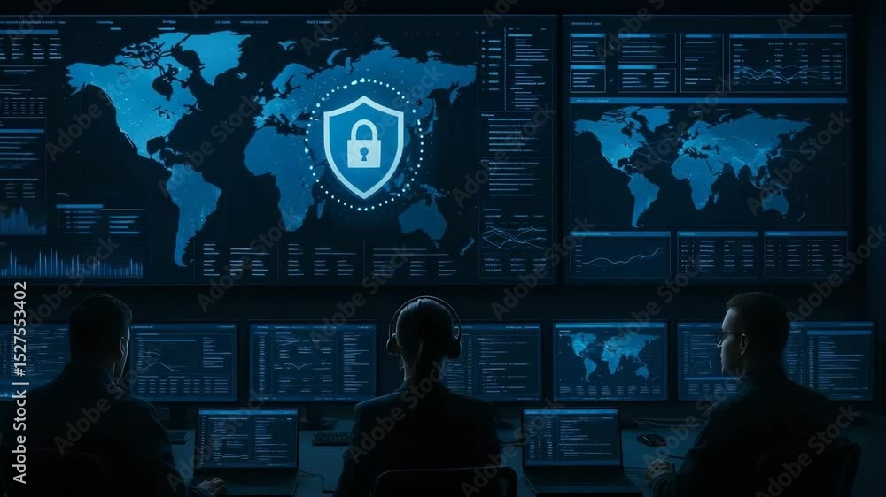 Poster three professionals monitor a digital world map displaying cybersecurity threats, emphasizing the im