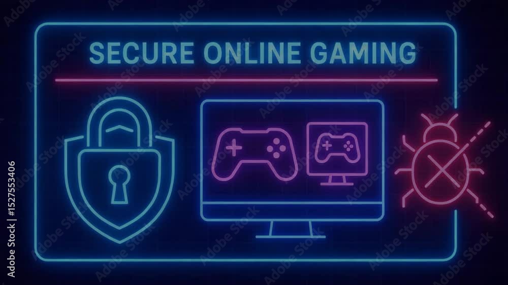 Poster illustration of secure online gaming, featuring a computer, game controllers, and a padlock symboliz