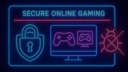 Illustration of secure online gaming, featuring a computer, game controllers, and a padlock symbolizing cybersecurity - Powered by Adobe