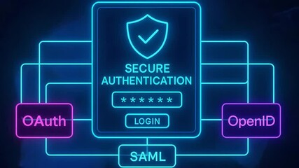 This digital illustration represents secure authentication methods, featuring OAuth, OpenID, and SAML as key components, highlighting the importance of cybersecurity in digital pla - Powered by Adobe