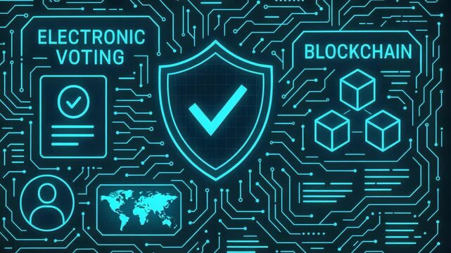 An illustrative representation of modern technology featuring blockchain, electronic voting, and security measures