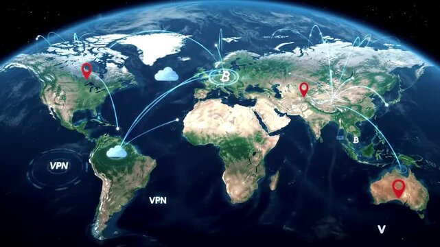 Digital World Map With Users Worldwide Connections. Global Social Media Network And Communication On Earth Background. Cloud Storage And Blockchain Technology Concept. Internet Vpn Location. 4k video