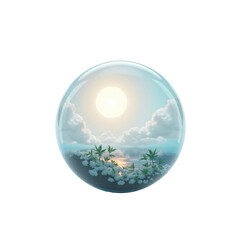 Floating bubble showing sky inside. Sun and cloud enclosed in translucent sphere. Soft light and dreamy feeling.