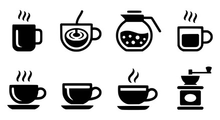 Coffee icons set featuring cups a coffee pot and a grinder