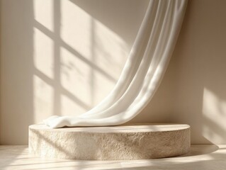 Beige stone podium with flowing fabric. Sunlight streams through window