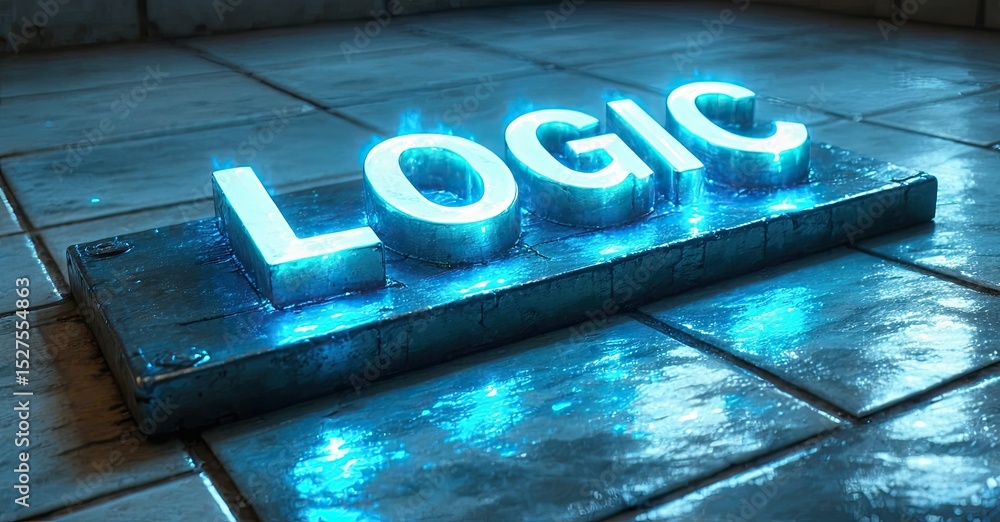 Poster Glowing word logic rests upon textured base. Blue light reflects off tiled floor, creating dramatic effect. Dark background enhances luminosity.