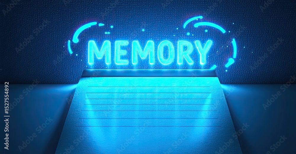 Aufkleber Bright neon sign spells MEMORY. Light illuminates open book below, creating dramatic effect. Dark background emphasizes glowing text.
