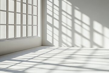 Bright sunbeams illuminate a minimalist, white interior space with large windows