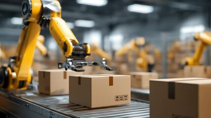 Automated factory with robotic arms working on a conveyor belt. Boxes move along the line as robots handle packaging in a high-tech industrial setting.

 - Powered by Adobe
