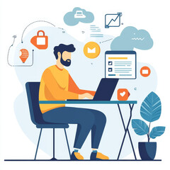 Businessman touching on icon and content management strategy, digital transformation, cloud solutions, user interface design, data security, operational efficiency, marketing, and customer engagement.