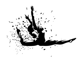 Female artistic gymnast in mid-air during a dynamic jump. High-contrast vector illustration with distortion effect, isolated vector silhouette