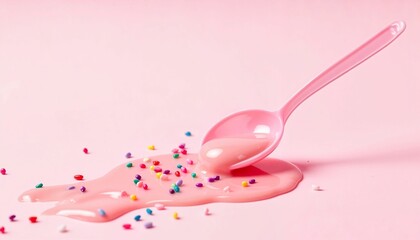 Pink spoon with spilled yogurt and colorful sprinkles on surface  