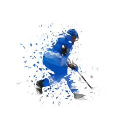 Ice hockey player skating with puck, low poly drawing with dispersion effect. Isolated vector illustration. Ice hockey