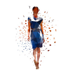 Abstract geometric fashion model catwalk. Business woman, isolated vector low poly illustration of walking woman with distortion effect