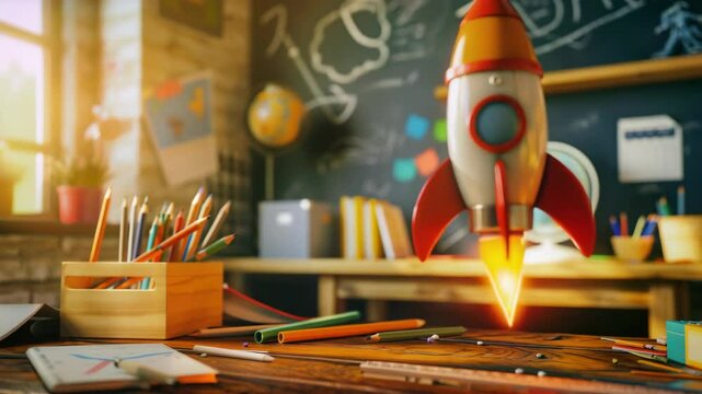A toy rocket on a desk in front of an educational backdrop.