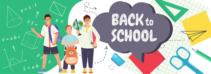 Horizontal banner Back to school Childhood illustration with kids, book, pen, stationery Collection for print, education, learning Vector design for stationery store ads, poster, advertising, sale