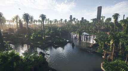 Obraz premium Ruined city, jungle, waterfall, calm river