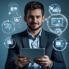 Businessman holding hosting services, platform solutions, cloud infrastructure, web management, data security, digital marketing, business growth, IT solutions, global reach, strategic partnerships.