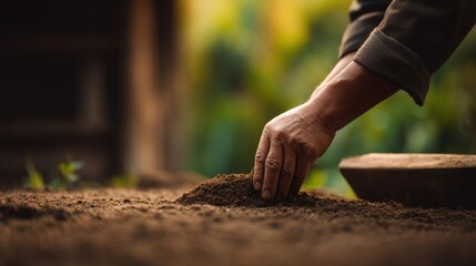 Farmhand Mixing Natural Fertilizer with Soil in Agricultural Setting