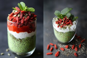 Layered chia pudding with goji berries, pumpkin seeds, mint and matcha in glass cups on dark table.