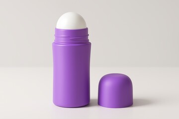Roll-on Deodorant on White Surface, Purple Bottle with Cap Open
