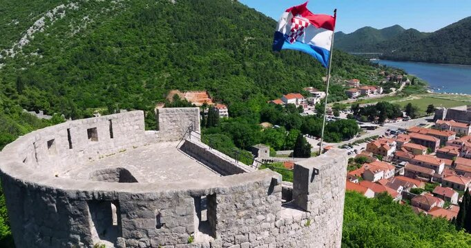 Old Town Of Ston With Walls Of Fortification In Croatia - Drone Shot