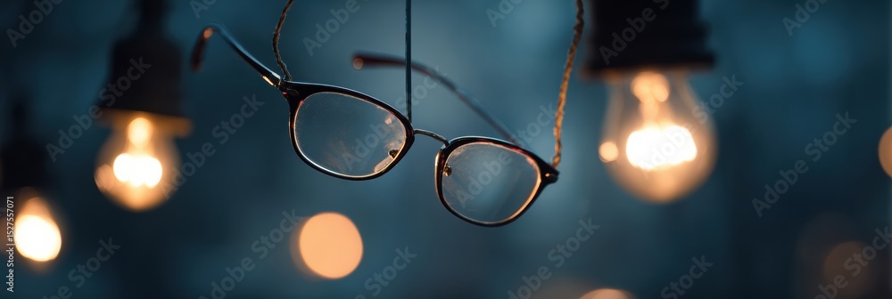 Poster Glasses Gently Swaying From a Reading Light in a Cozy Evening Atmosphere With Soft Lighting and an Empty Upper Zone