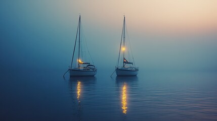 Fototapeta premium Serene sailboats on calm waters illuminated by soft blue hues, ideal for nautical themes or relaxing visuals.
