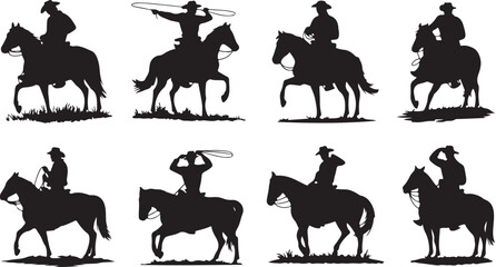 Fototapeta premium Cowboy Rider Silhouette Set with Horse Lasso Art Design, Perfect for Western Ranch Decor and Wild West Illustration