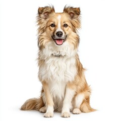 Fototapeta premium Happy collie mixed breed dog sits posing attentively on a clean white background.