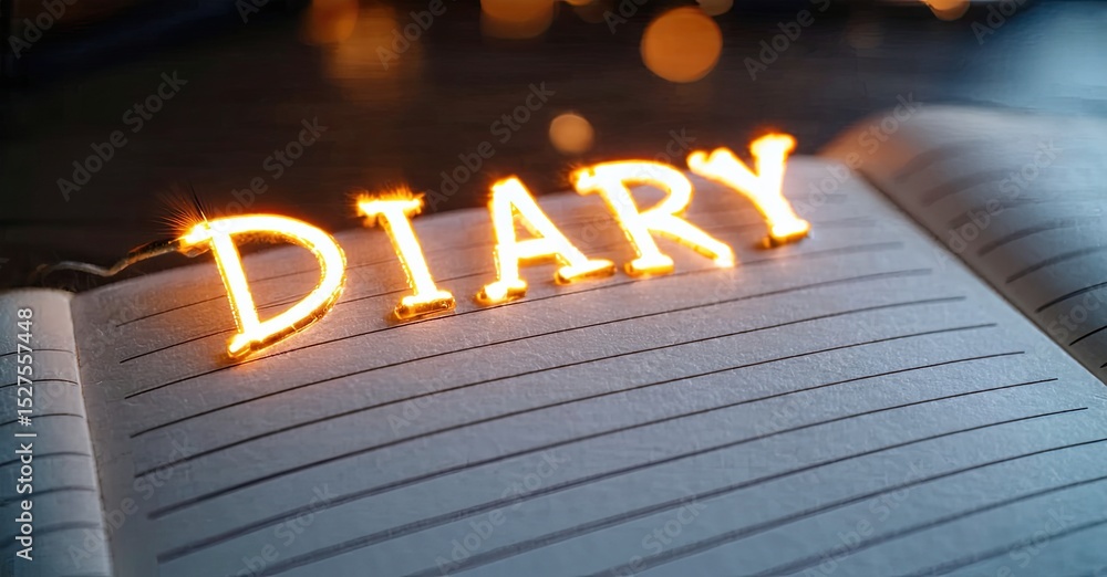 Poster open diary displays glowing word diary. pages lined, dark background creates dramatic effect. intima