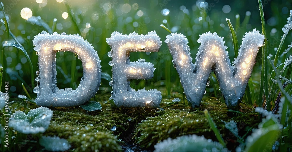 Poster frosty word dew rests upon lush green grass. sparkling lights illuminate delicate water droplets, cr