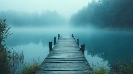 Serene wooden pier extending into a misty blue lake, reflecting exploration and hustle in nature.