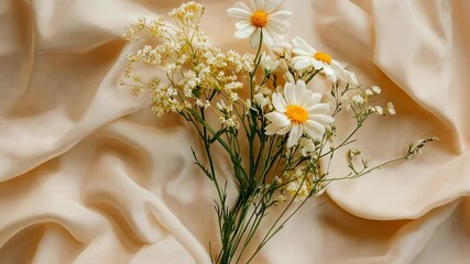 A minimalist bouquet of wildflowers styled on a neutral-colored fabric for floral design classes.