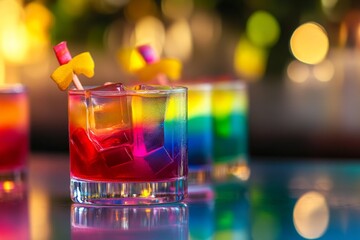 Colorful rainbow cocktail with ice cubes and candy garnish, served in a glass on a vibrant background.