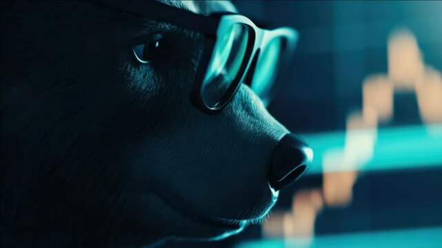  of bear in human-like attire looking at digital monitor with graphs and numbers, symbolizing advanced technology or AI theme