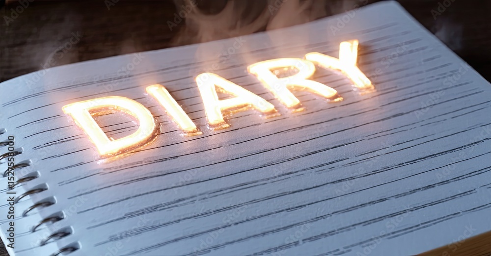 Poster open diary with glowing word. pages visible, spiral bound. steam rises, dark background creates dram