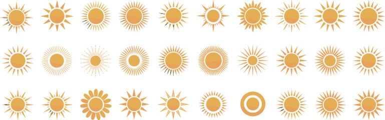 Fototapeta premium Collection of decorative sun icons, vector sunshine symbols set, abstract summer sunburst designs, orange sun shapes, solar logo elements pack