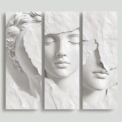 Three-panel artwork of a fragmented classical marble face sculpture with cracks on a light background.