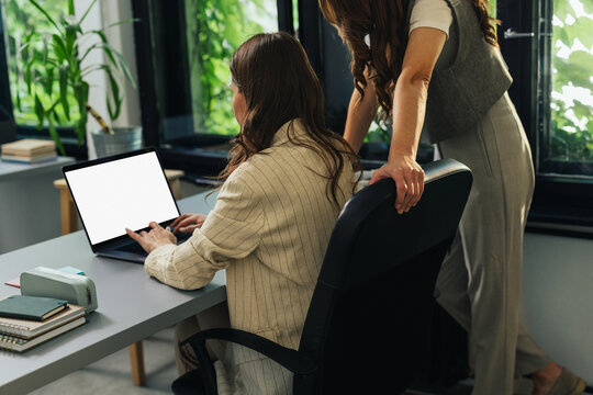 Two Businesswomen Collaborating on Laptop with Blank Screen in Modern Office