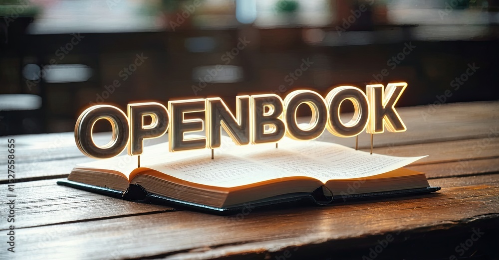 Poster open book rests upon wooden surface. bright light emanates from pages, creating warm glow. backgroun