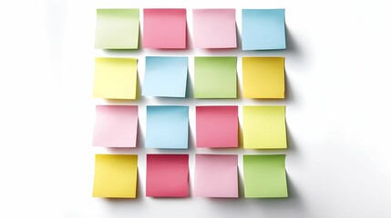 Colorful sticky notes arranged on a white background for creativity and organization