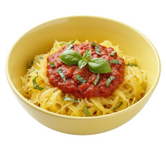 A vibrant bowl of spaghetti topped with rich tomato sauce and fresh basil, set against a clean background