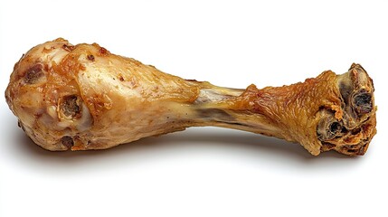 Single golden brown fried chicken drumstick isolated on white background for food photography.