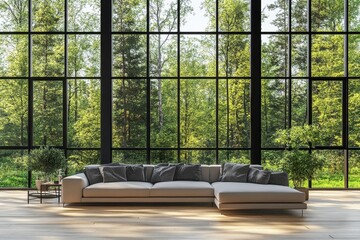 Modern living room with expansive forest views