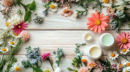 Skincare products with flowers on a light wooden surface.