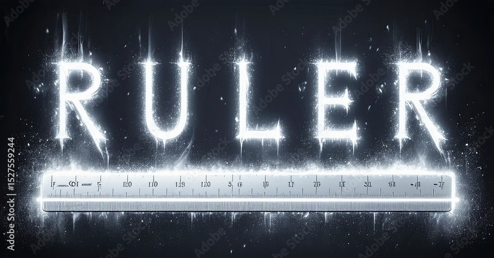 Poster Bright word Ruler above metal ruler. Dark background with glowing particles. Minimalist design, simple typography, measurement tool.