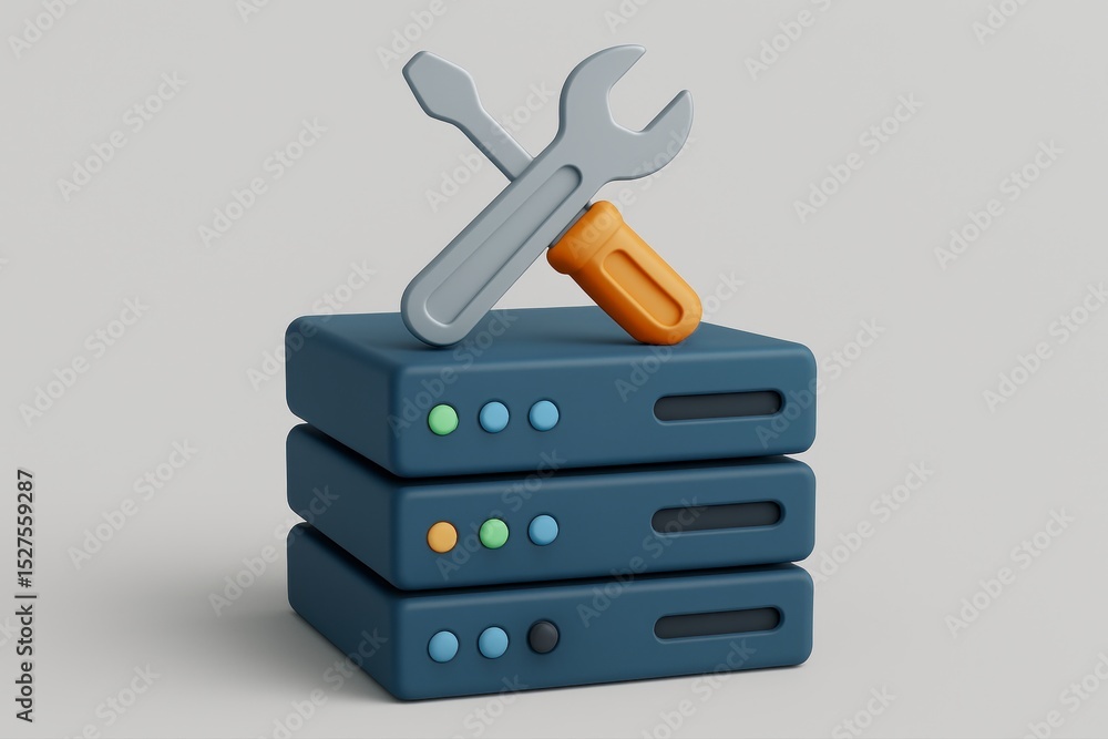 Poster maintaining server stack with tools in 3d rendering