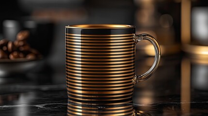 Sleek Golden Striped Coffee Mug with Transparent Handle on Black Background for Elegant Look