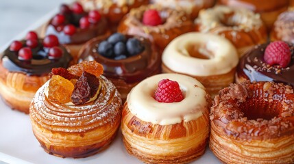 Close up of assorted cronuts with various toppings like berries and chocolate on a white surface